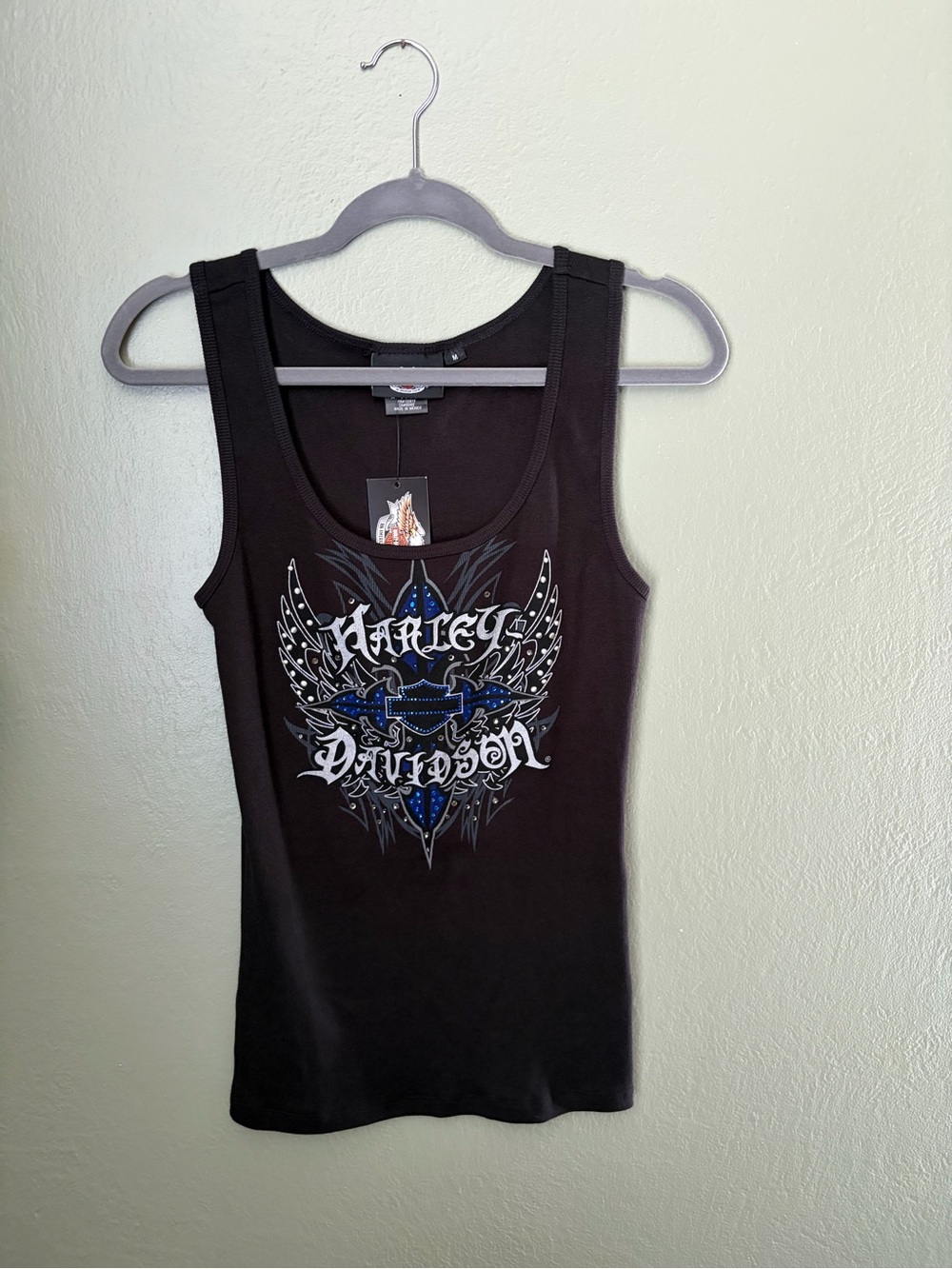 Harley Davidson Women's Medium Y2K Black Ribbed Tank Top Graphic Rhinestone NWT